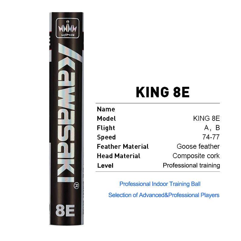 Kawasaki KING 8E badminton shuttlecock packaging with specifications on a white background