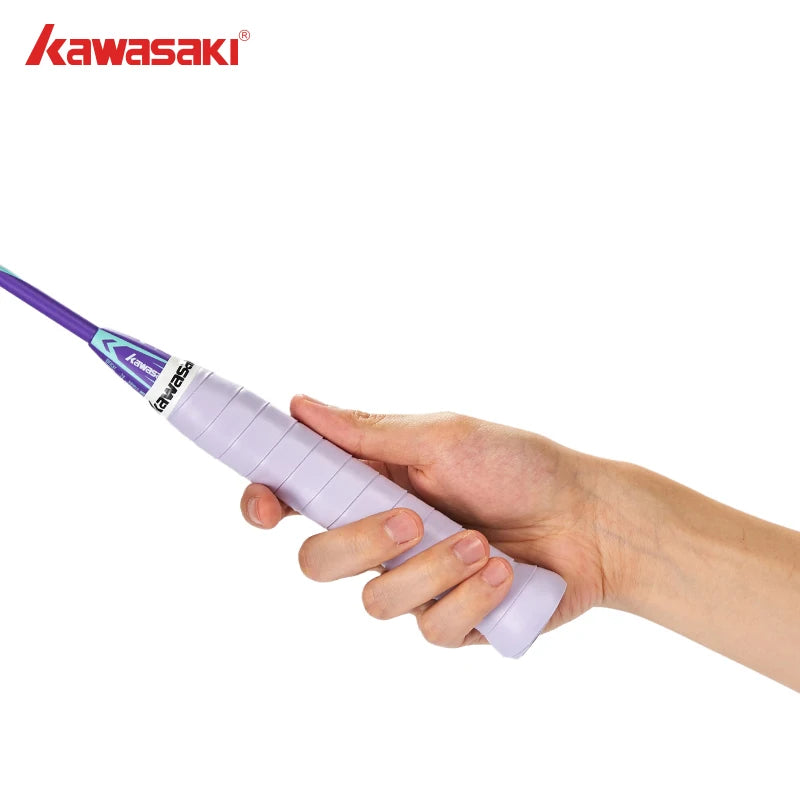 Hand holding a purple and white golf club with Kawasaki logo on a white background