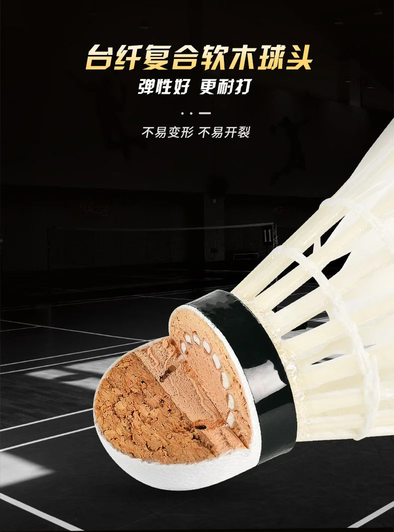 Close-up of a badminton shuttlecock with a black background and text in yellow and white.