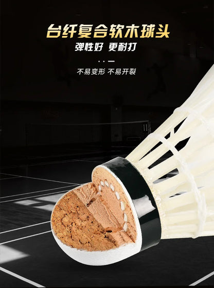 Close-up of a badminton shuttlecock with a black background and text in yellow and white.