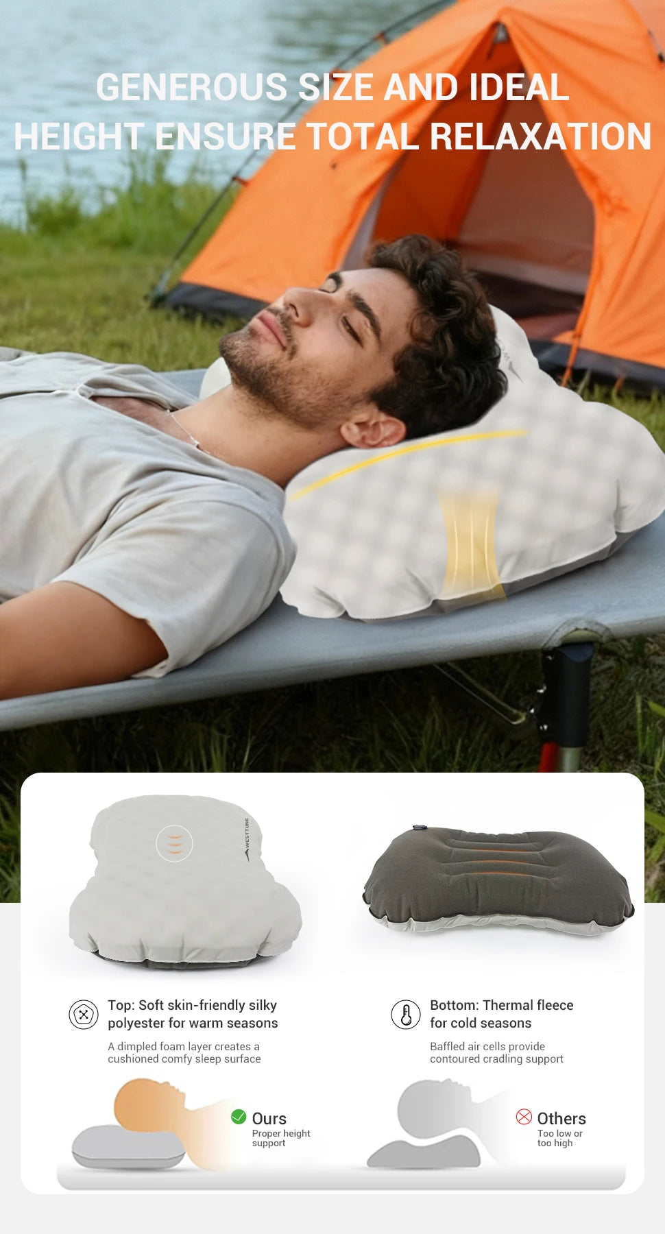 Person lying on a camping pillow with an orange tent in the background