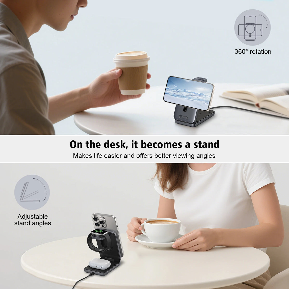 Person using a smartphone stand on a desk with a cup of coffee and phone.