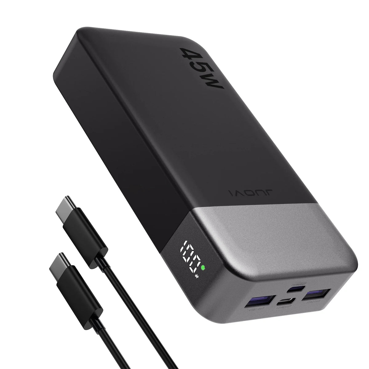 Black and gray power bank with USB-C cable on a white background