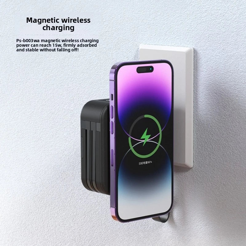 Smartphone charging on magnetic wireless charging pad on a light gray background