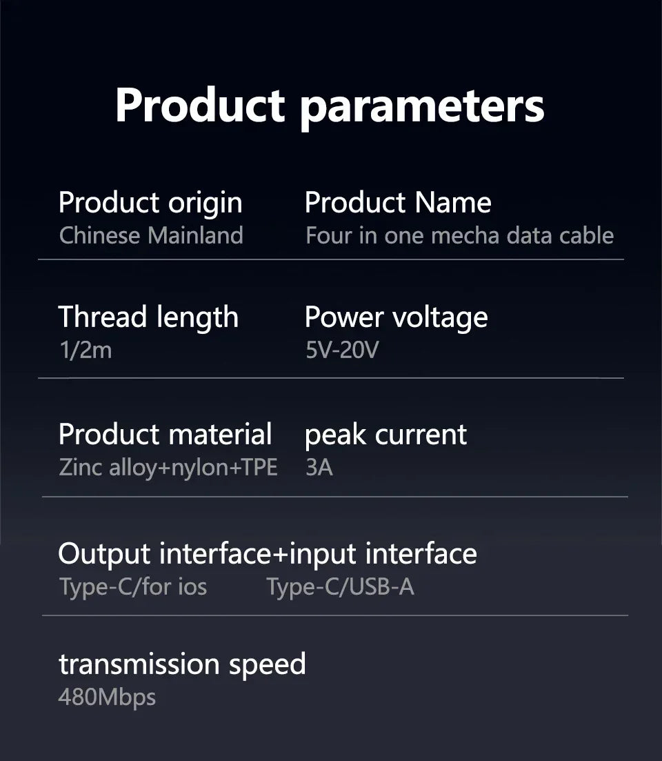 Product parameters list for a four-in-one mecha data cable on a black background