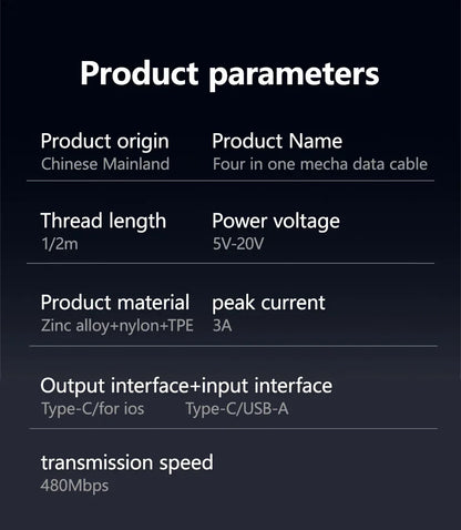 Product parameters list for a four-in-one mecha data cable on a black background