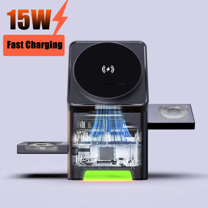 Wireless charging station with fast charging feature on a light gray background