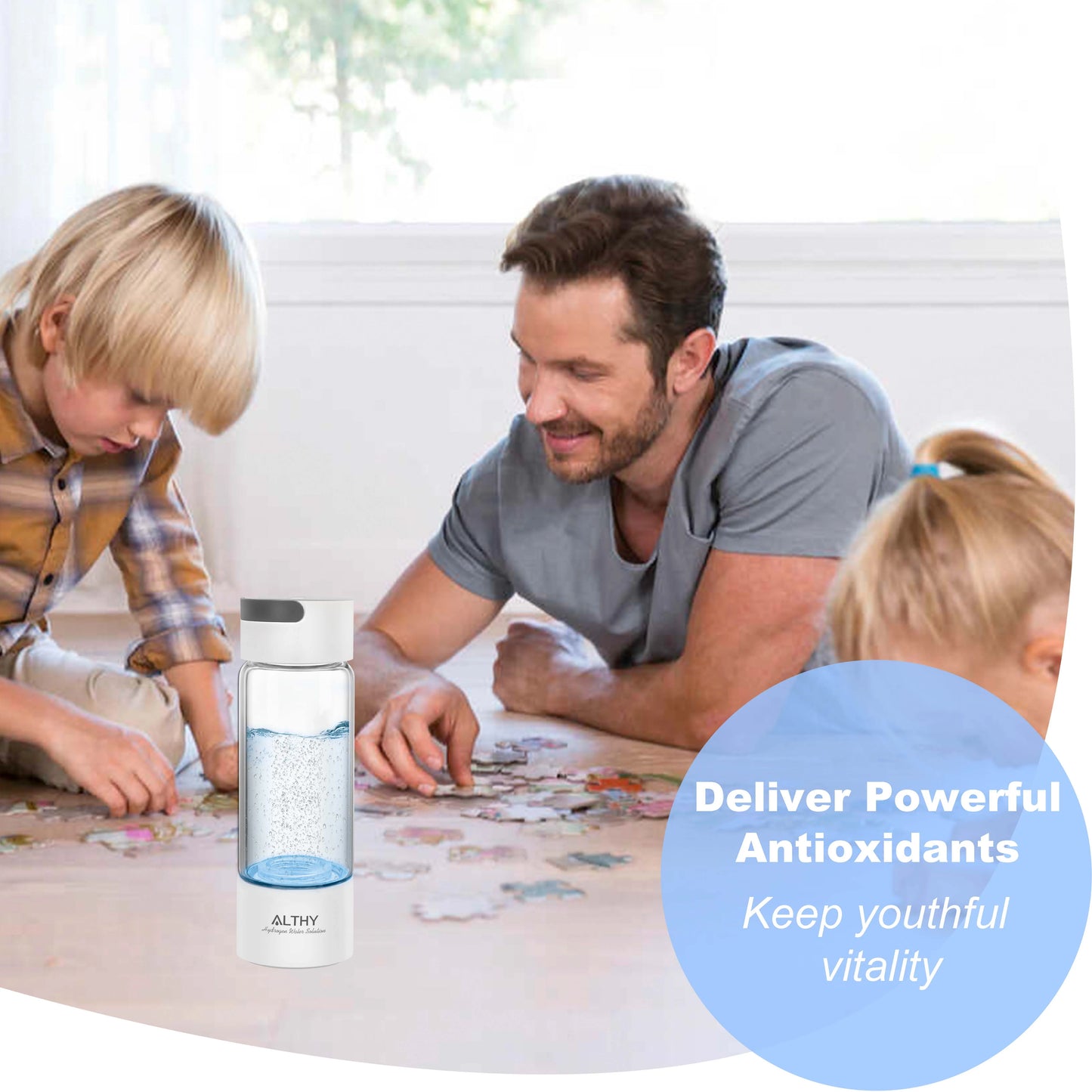 Man and two children playing with a puzzle, with a bottle labeled 'ALTHY' on the table.