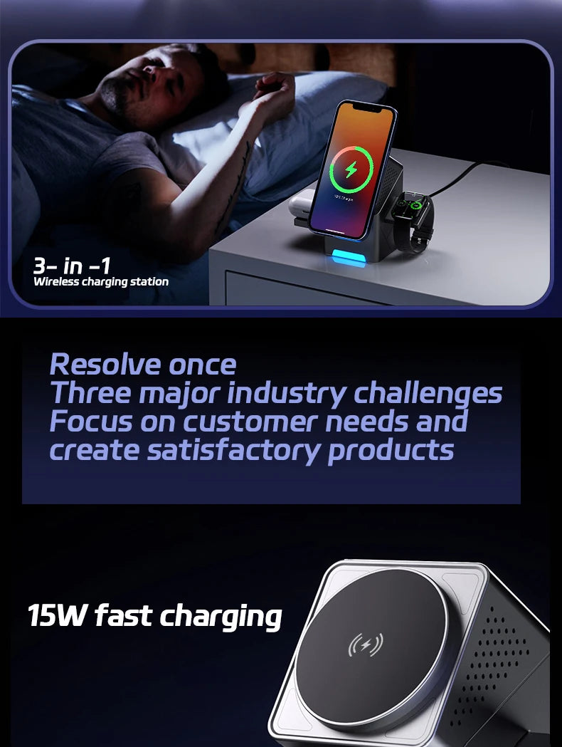 Wireless charging station with smartphone on a nightstand, text about resolving industry challenges, and 15W fast charging feature.
