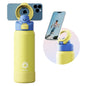Yellow water bottle with blue accents and a smartphone holder on a white background