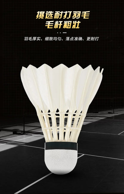 White badminton shuttlecock on a black background with text