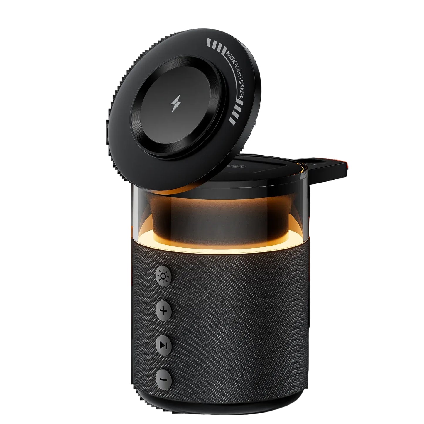 Black portable speaker with a glowing interior on a white background