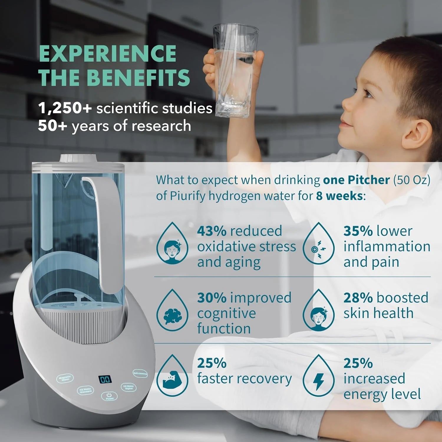 Child holding a glass of water next to a water pitcher with health benefits text overlay.