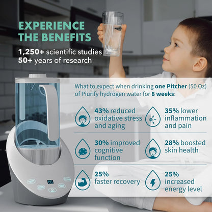 Child holding a glass of water next to a water pitcher with health benefits text overlay.