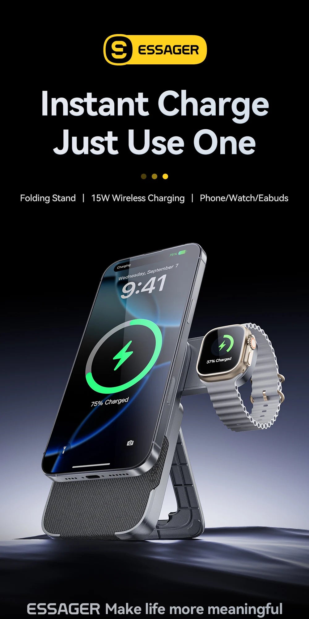 Essager 3-in-1 Wireless Charger Stand 15W – MagSafe Compatible for iPhone, Apple Watch & AirPods