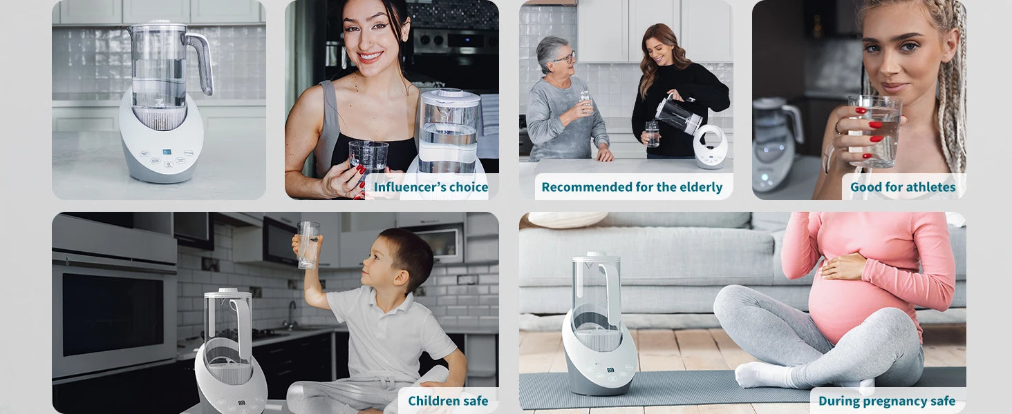 Collage of a kitchen appliance with various people using it in different scenarios.