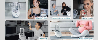 Collage of a kitchen appliance with various people using it in different scenarios.