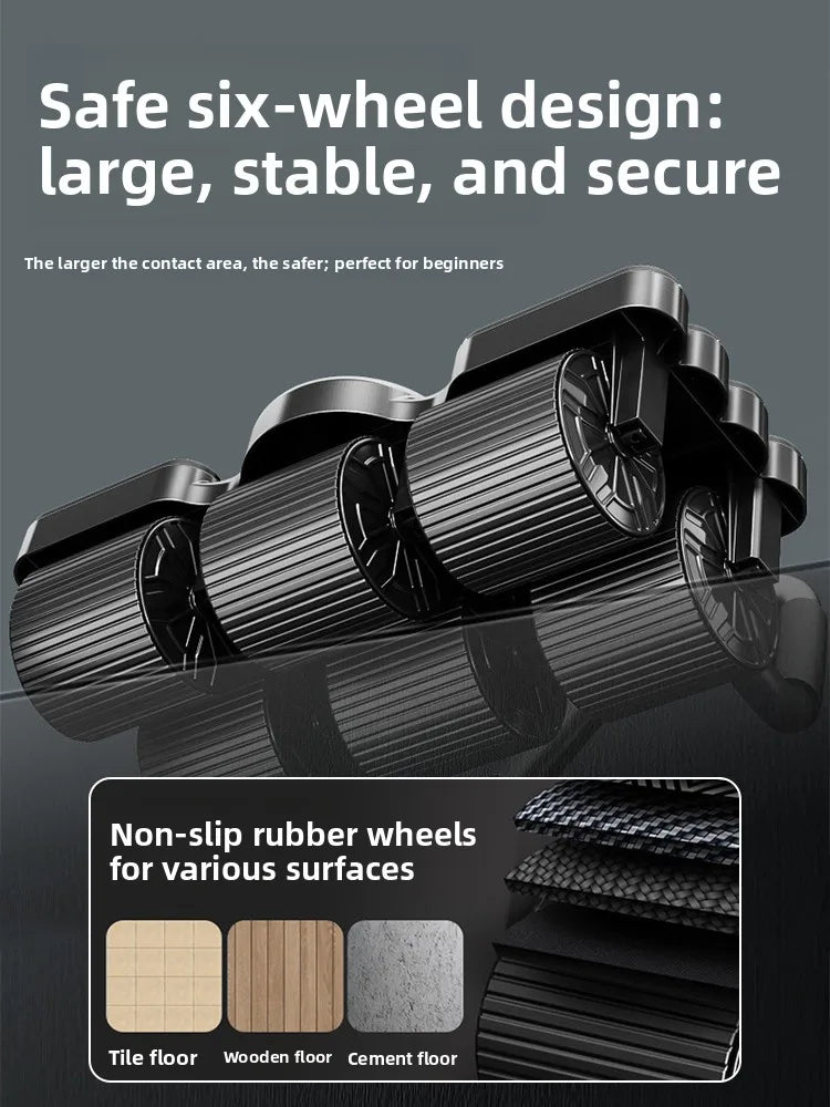 Six-wheel design with non-slip rubber wheels on a gray background
