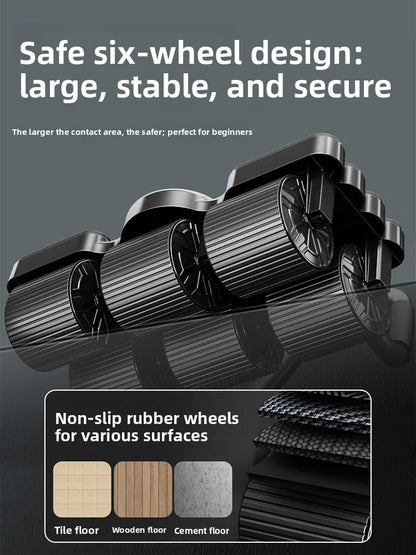 Six-wheel design with non-slip rubber wheels on a gray background