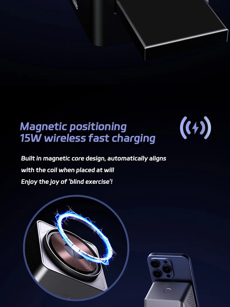 Wireless charging pad with text on magnetic positioning and fast charging capabilities.