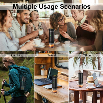 Collage of people using a portable coffee maker in various settings including climbing, travel, and office.