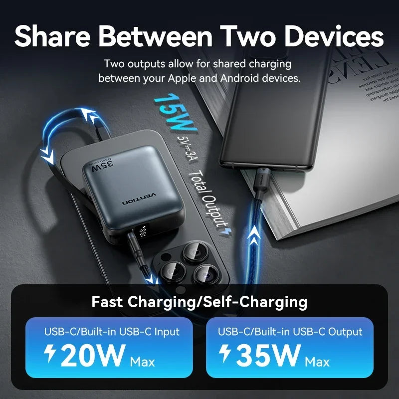 Mini Power Bank 10000mAh – 35W Fast Charge with Built-in Cable & Digital Display