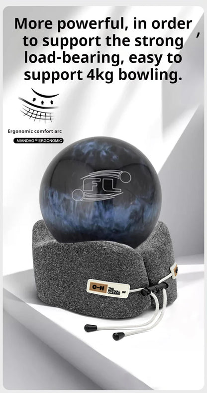 Bowling ball with protective cover on a white background, featuring text about load-bearing capacity.