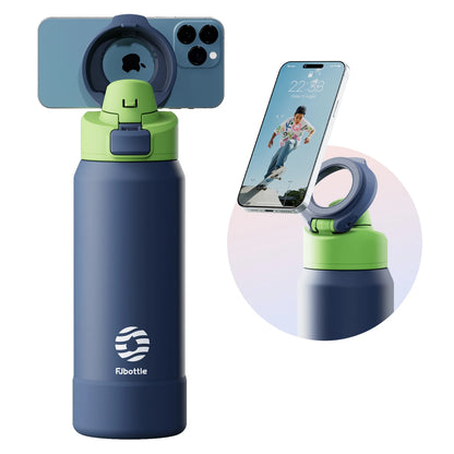 Blue and green water bottle with smartphone holder on a white background