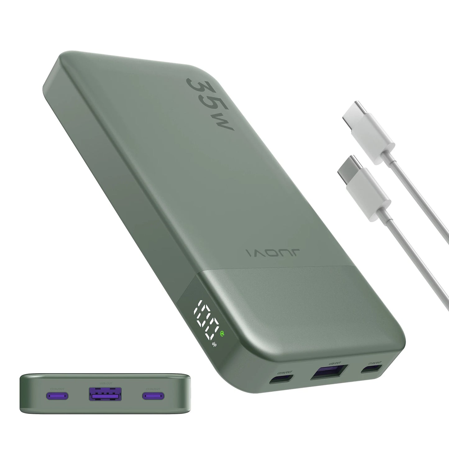 Green power bank with multiple USB ports and charging cables on a white background