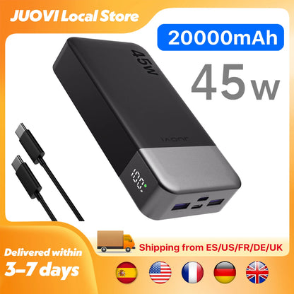 Power bank with 20000mAh capacity and 45W output, featuring JUOVI branding.