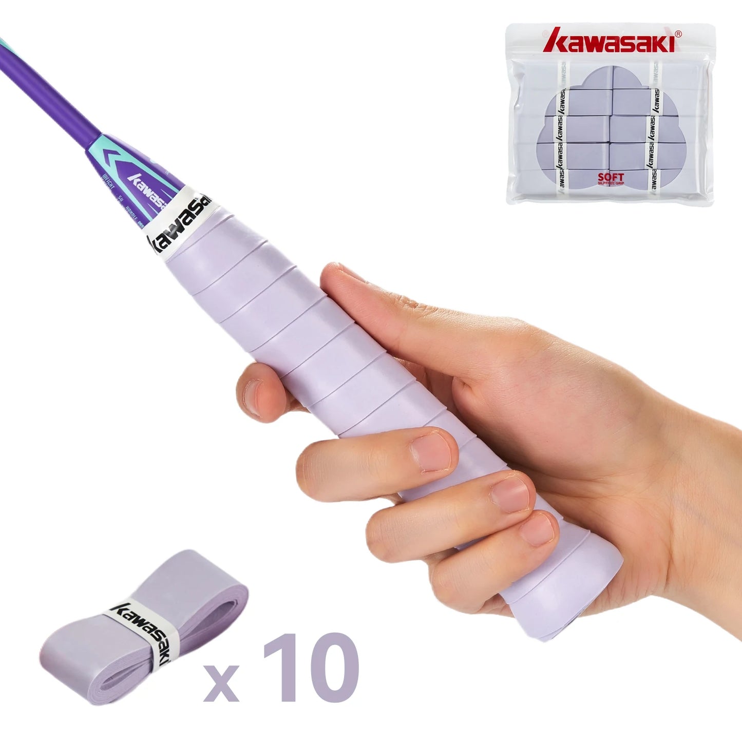 Hand holding a purple badminton racket with Kawasaki branding, racket cover, and strings on a white background.