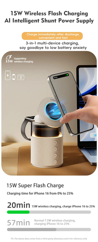 15W wireless charging device with smartphone and laptop on a wooden surface