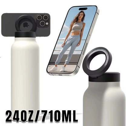 White water bottle with black cap, smartphone displaying a person, and additional phone case on a white background.