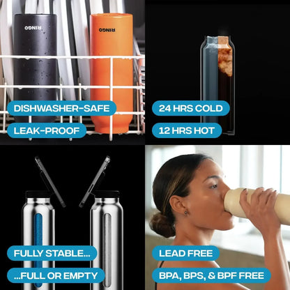 Collage of insulated bottles with features highlighted, including dishwasher safety, leak-proof design, temperature retention, stability, and material safety.
