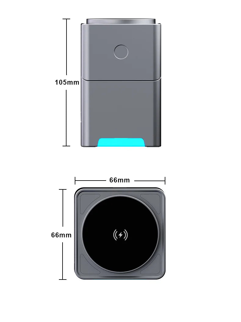 Wireless charging pad with dimensions labeled on a white background