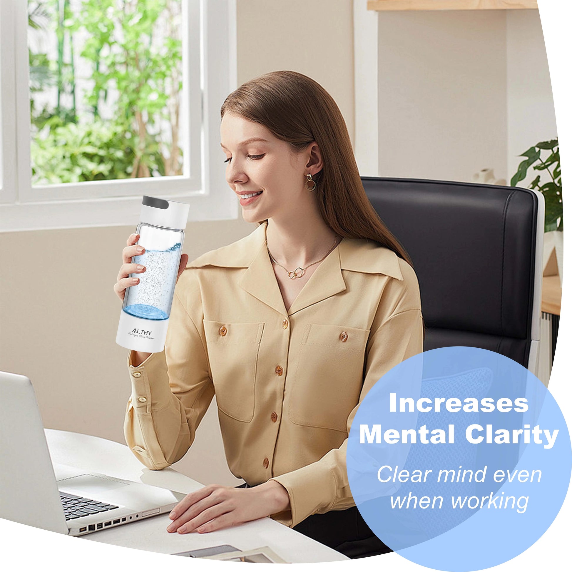 Woman sitting at a desk with a laptop, holding a supplement container, with text about mental clarity.