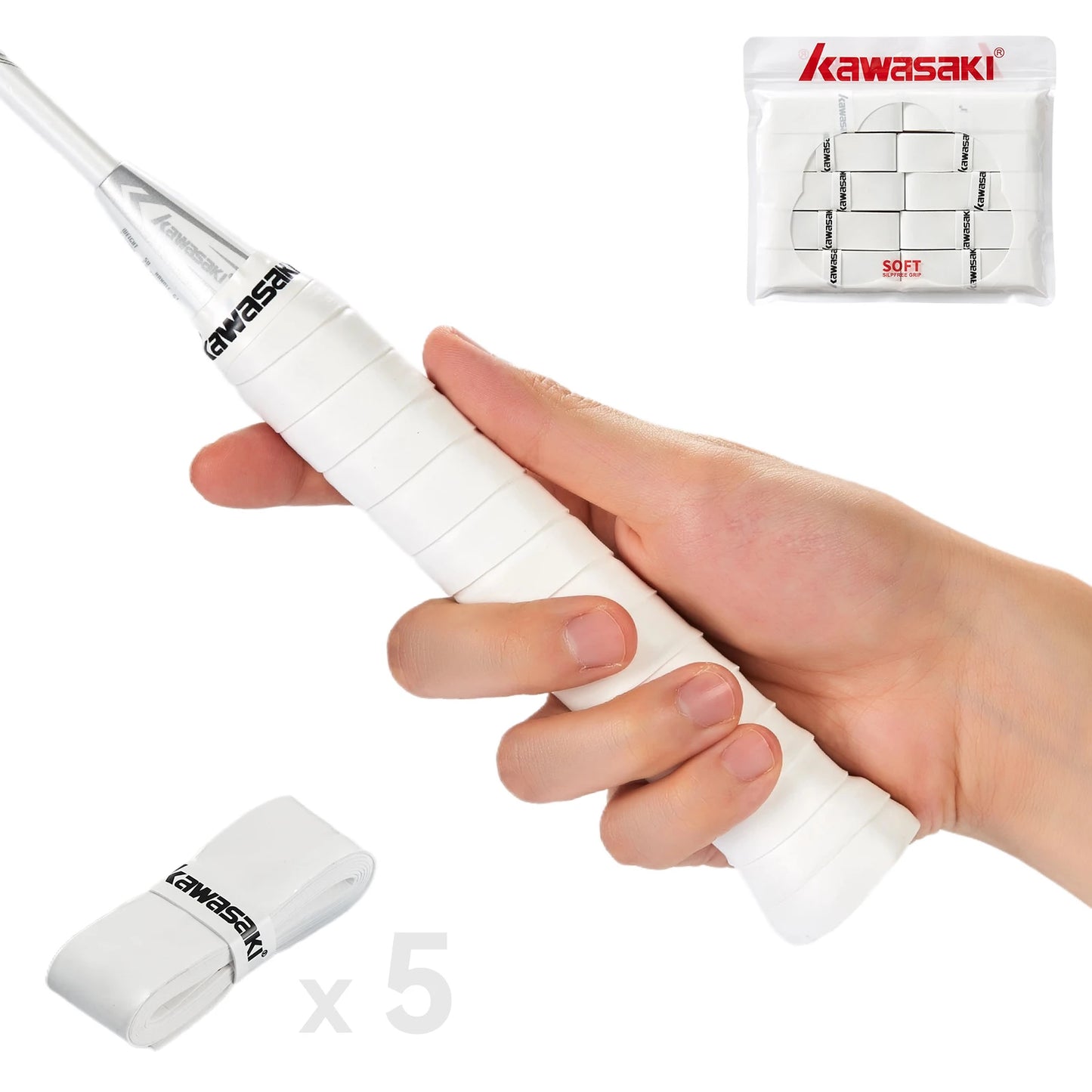 Hand holding a white tennis racket with Kawasaki branding, including a racket cover and strings on a white background.