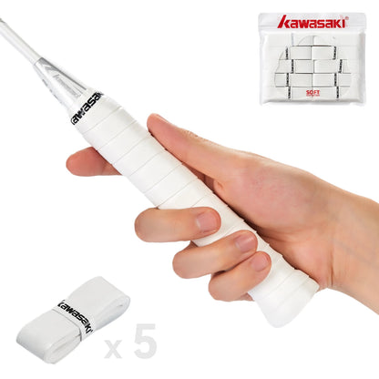 Hand holding a white tennis racket with Kawasaki branding, including a racket cover and strings on a white background.