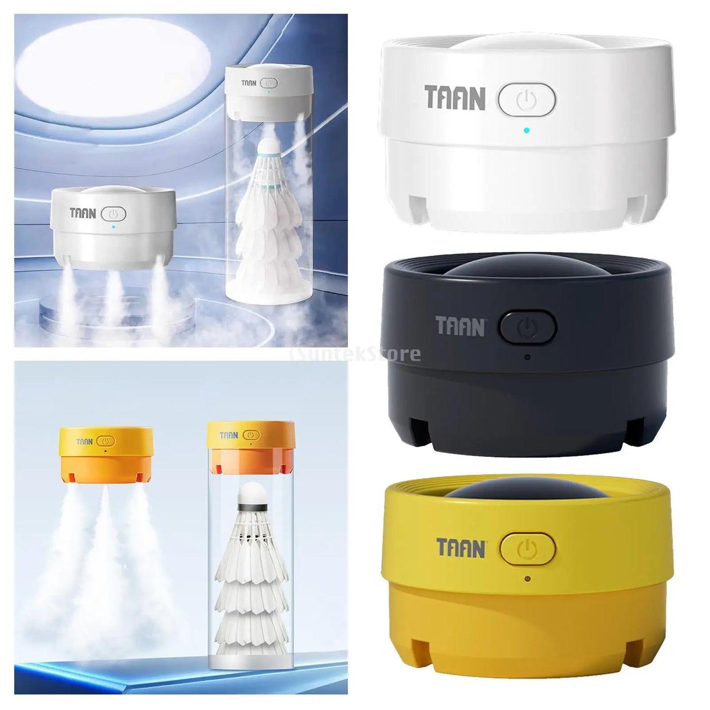 Collage of TAAN brand products including a white device, black device, and yellow devices with packaging.