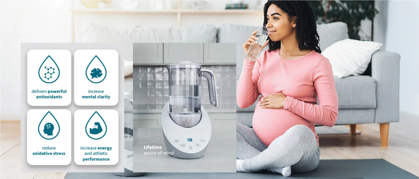 Woman sitting on a yoga mat with a water filter and water bottle in a modern living room.