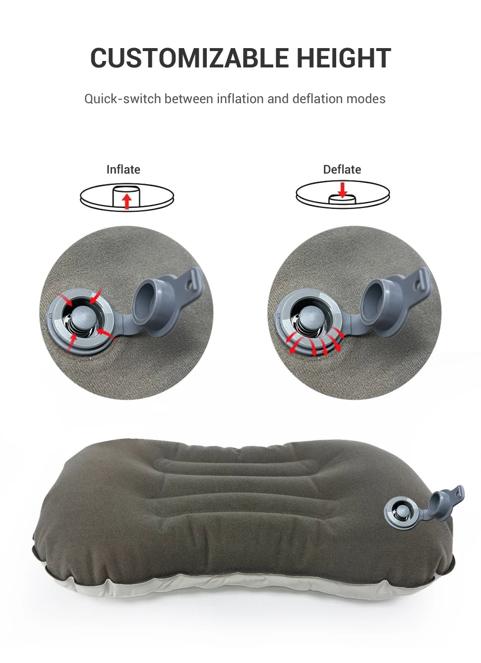 Inflatable pillow with customizable height feature on a white background