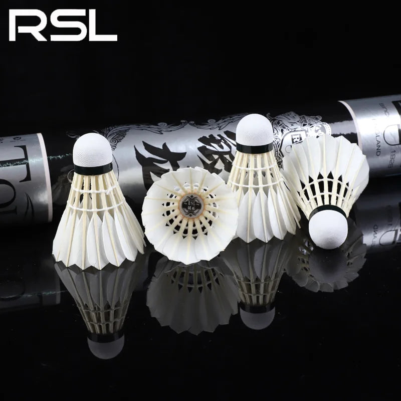 Four badminton shuttlecocks with RSL branding on a dark background