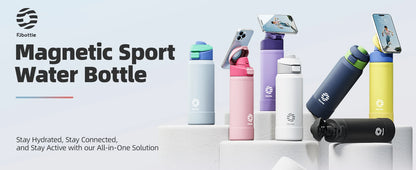 Collection of colorful magnetic sport water bottles with a smartphone on a light blue background.