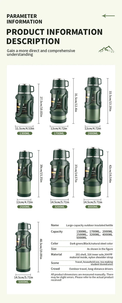Large Stainless Steel Vacuum Thermos Flask – Double Walled Insulated Bottle for Hot & Cold Drinks