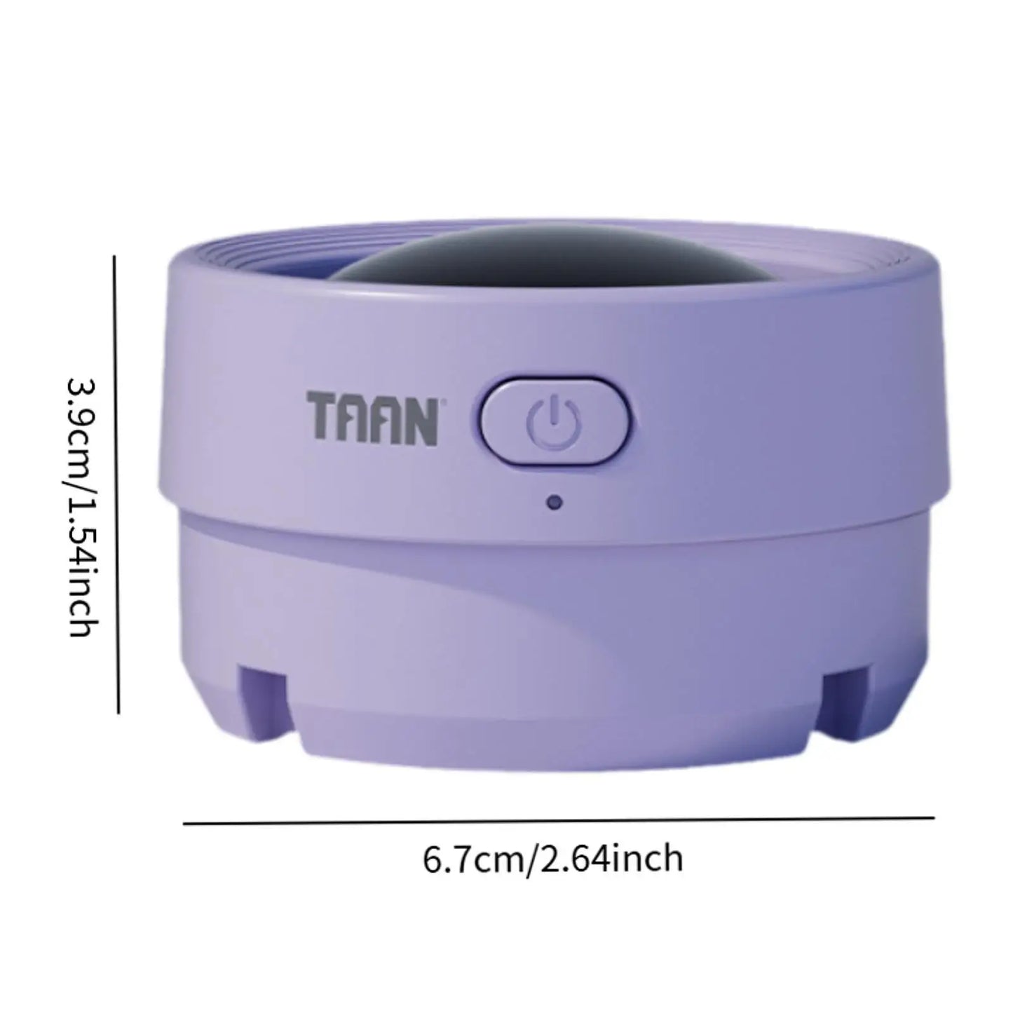 Purple electronic device with a power symbol on a white background, featuring dimensions.