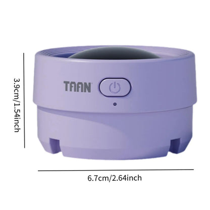 Purple electronic device with a power symbol on a white background, featuring dimensions.