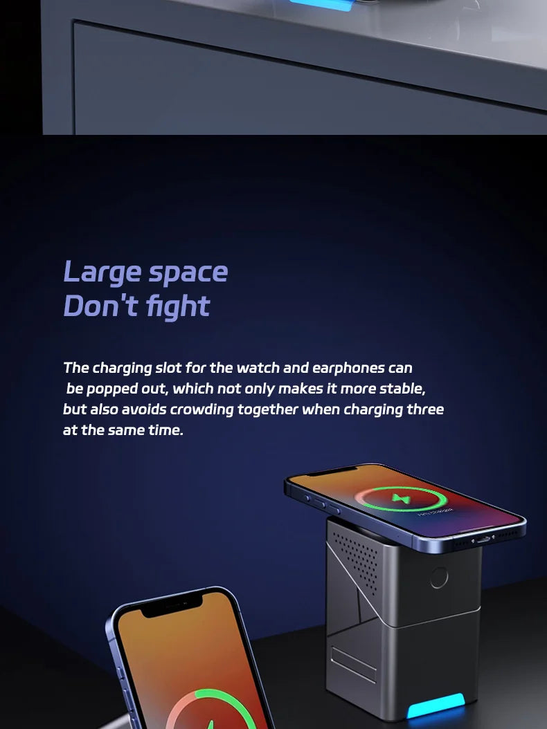 Wireless charging station with smartphone and headphones on a dark background