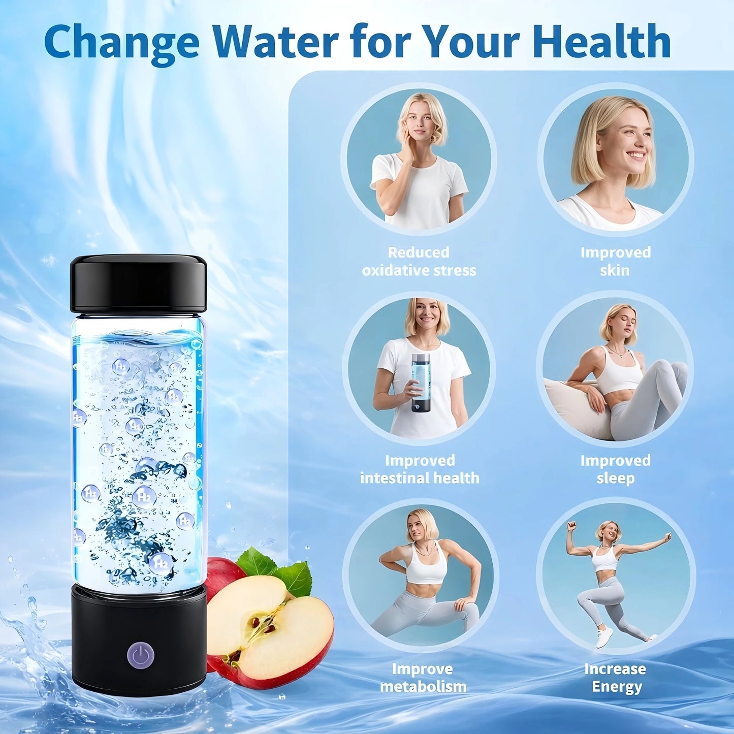 BPA-free water bottle with health benefits displayed on a blue background