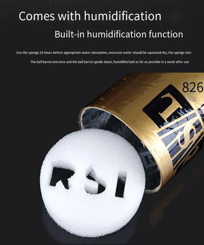 White sponge with a cylindrical container labeled '826' on a black background, featuring text about humidification.
