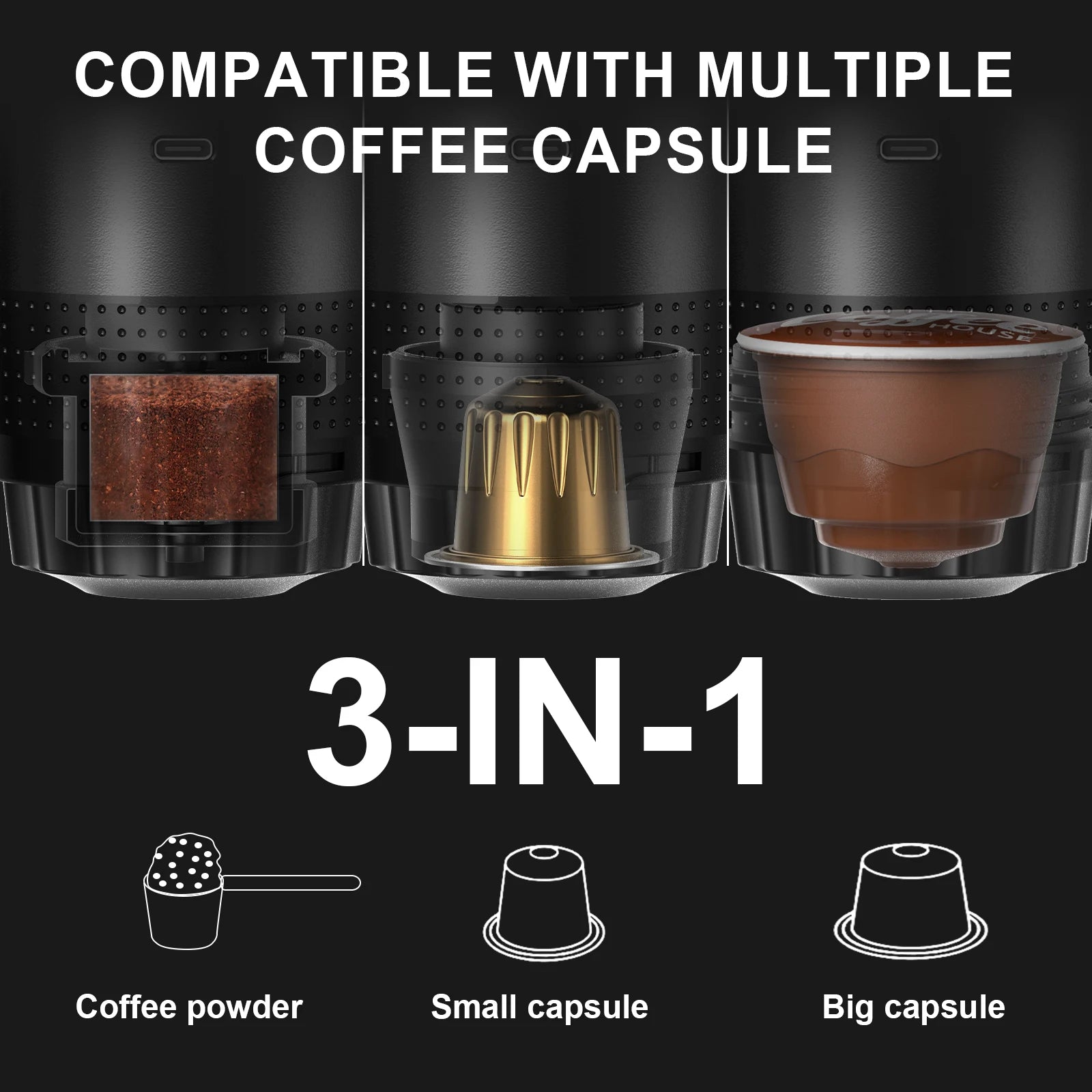 Multifunctional coffee maker compatible with multiple coffee capsules on a black background.